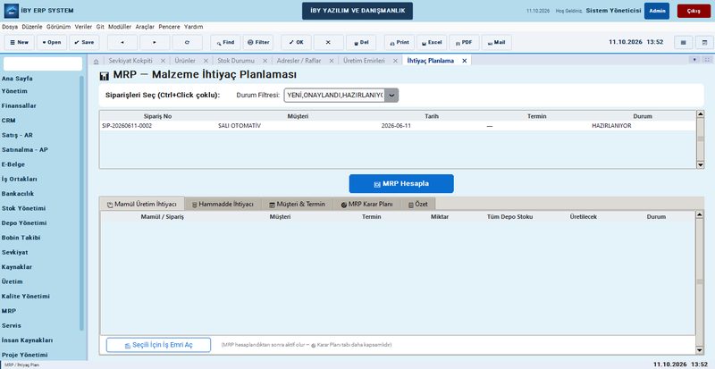 IBY ERP MRP malzeme ihtiyaç planlaması